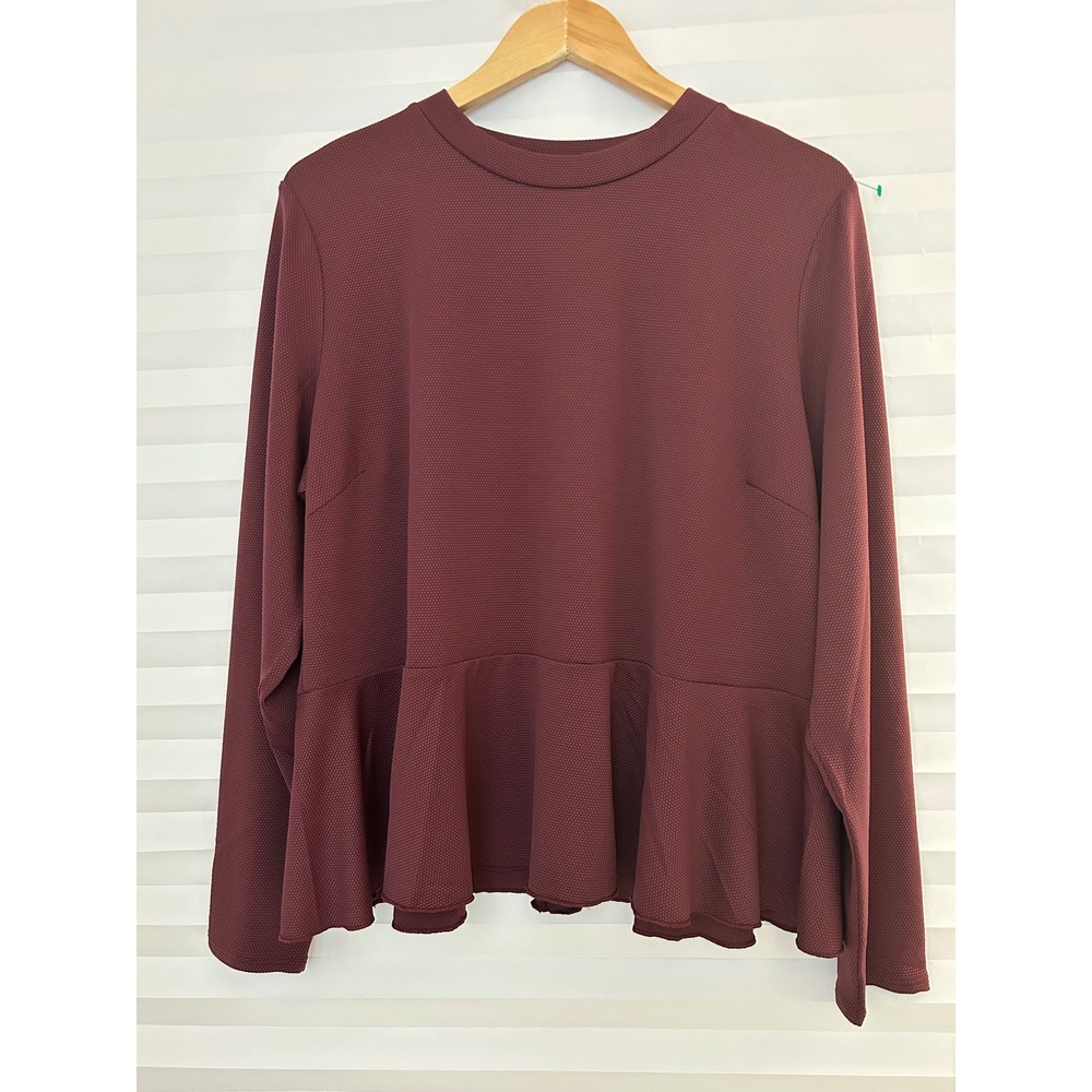 Spanx Swim Rash Guard Top Burgundy Wine Waffle Knit Peplum Long Sleeve 2X 2XT